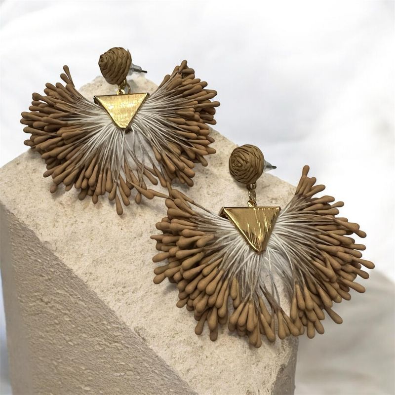 Wicker Style Fan Drop Earring - Tan & Gold