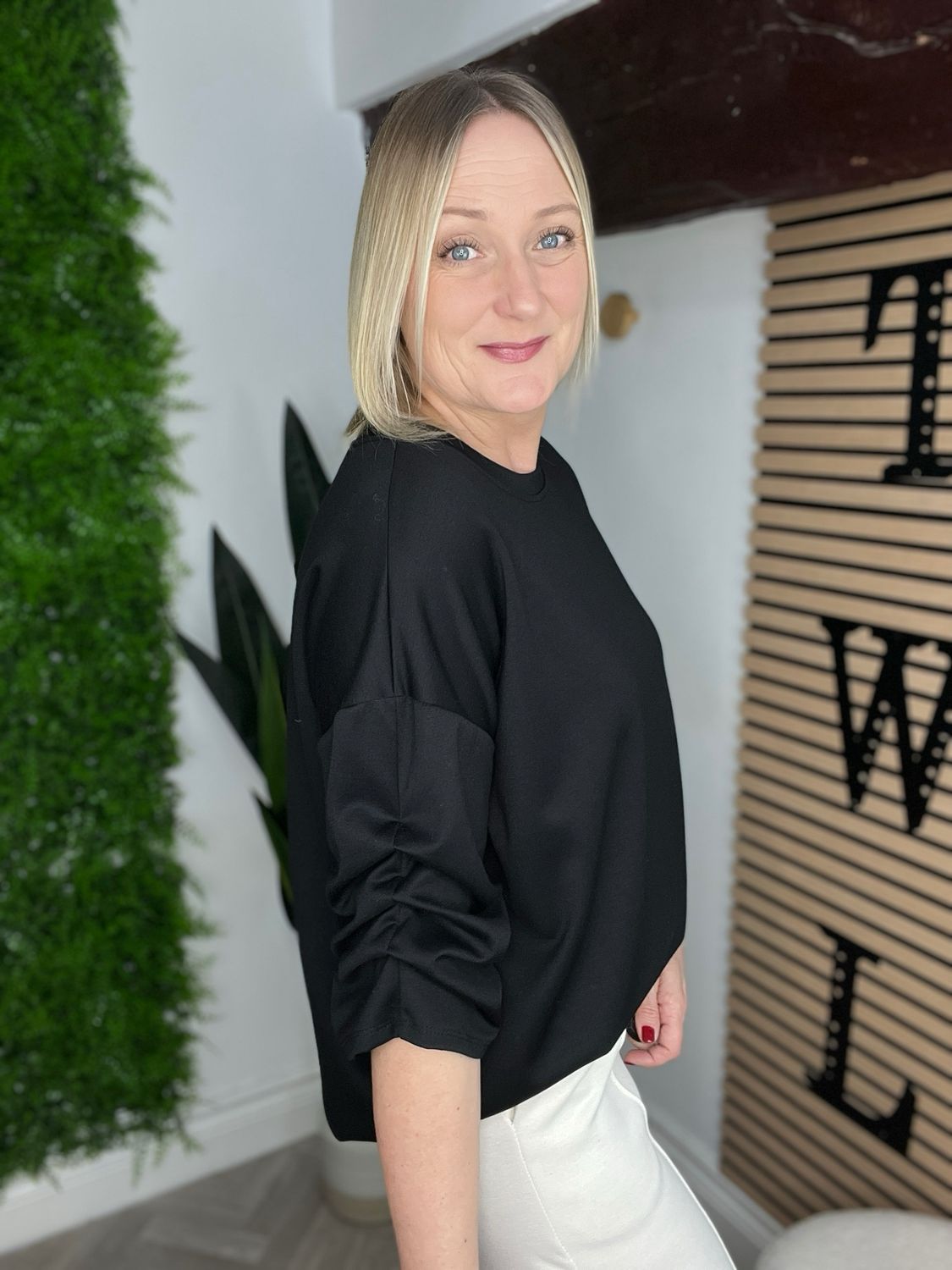 Ruched Sleeves Scuba Top - Black