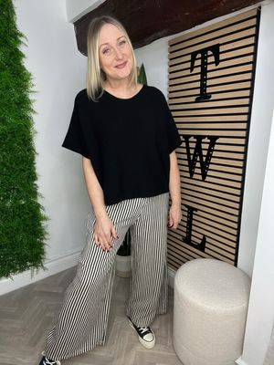 Striped Linen Wide Leg Trouser - Black Striped Linen Wide Leg Trouser - Black