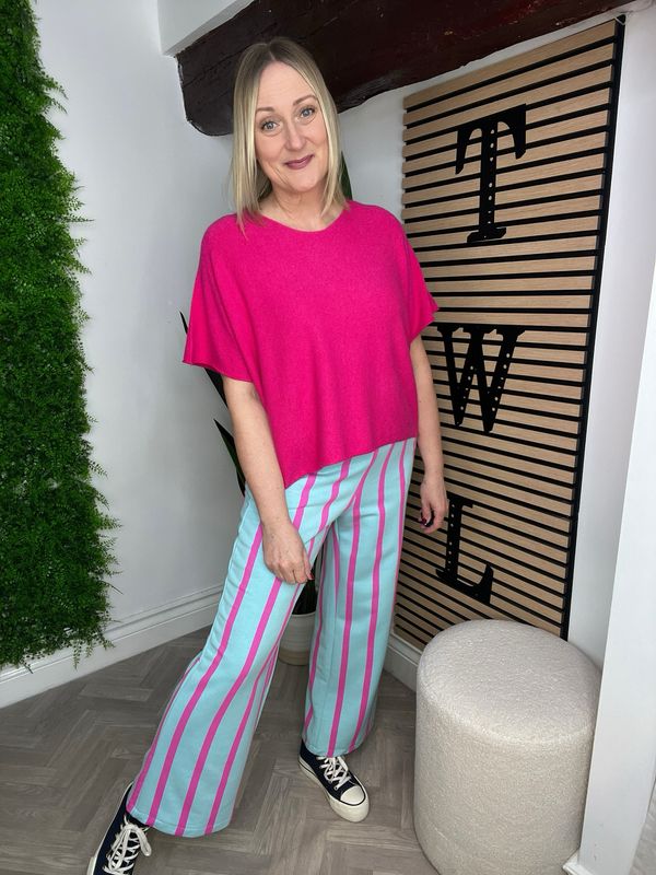Stripe Jersey Straight/Wide Leg Trouser - Aqua Mix