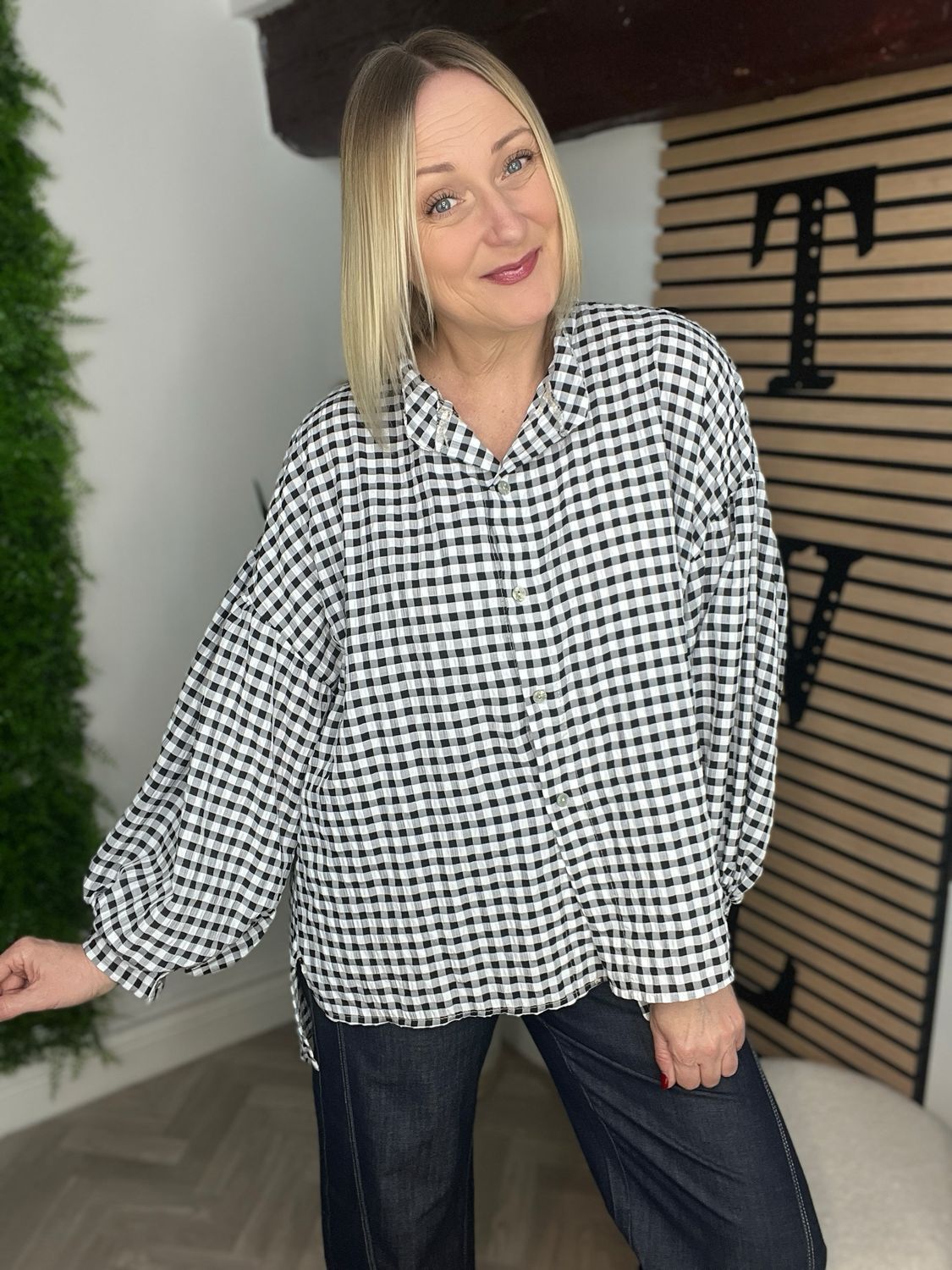 Gingham Oversized Shirt - Black