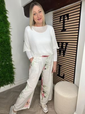 Floral Cotton Straight Leg Trouser - White & Rose