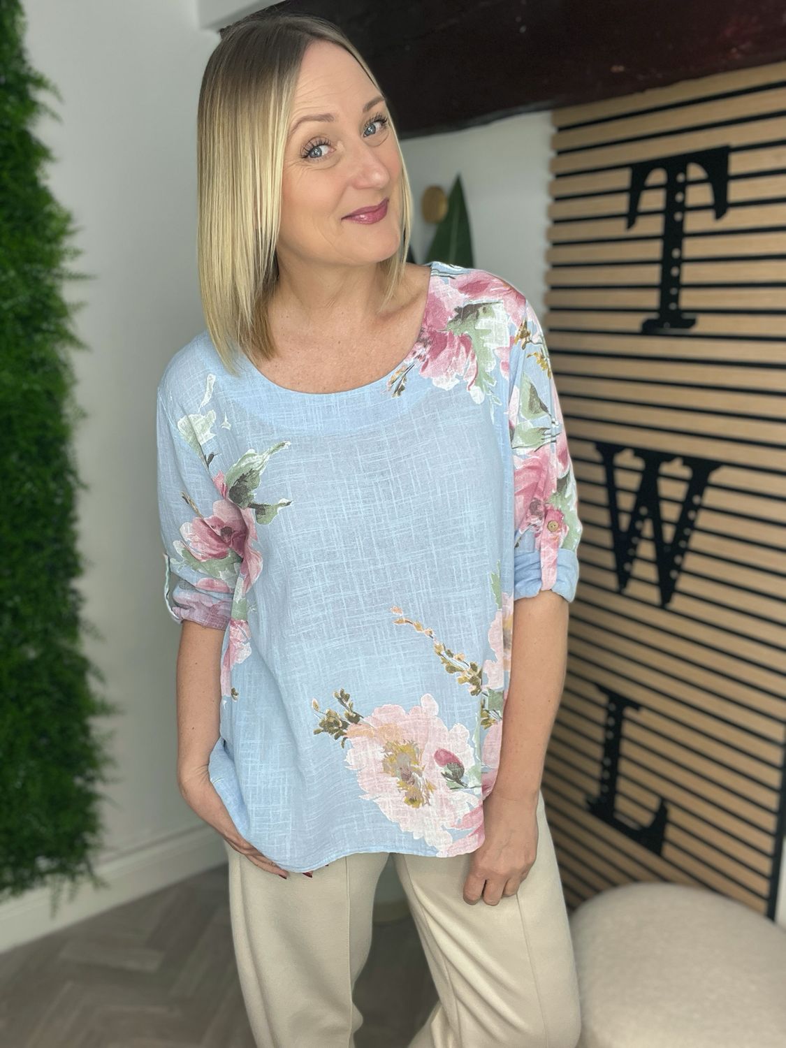 Floral Cotton Top - Blue & Rose