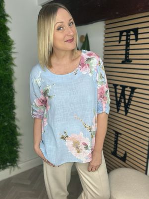 Floral Cotton Top - Blue & Rose