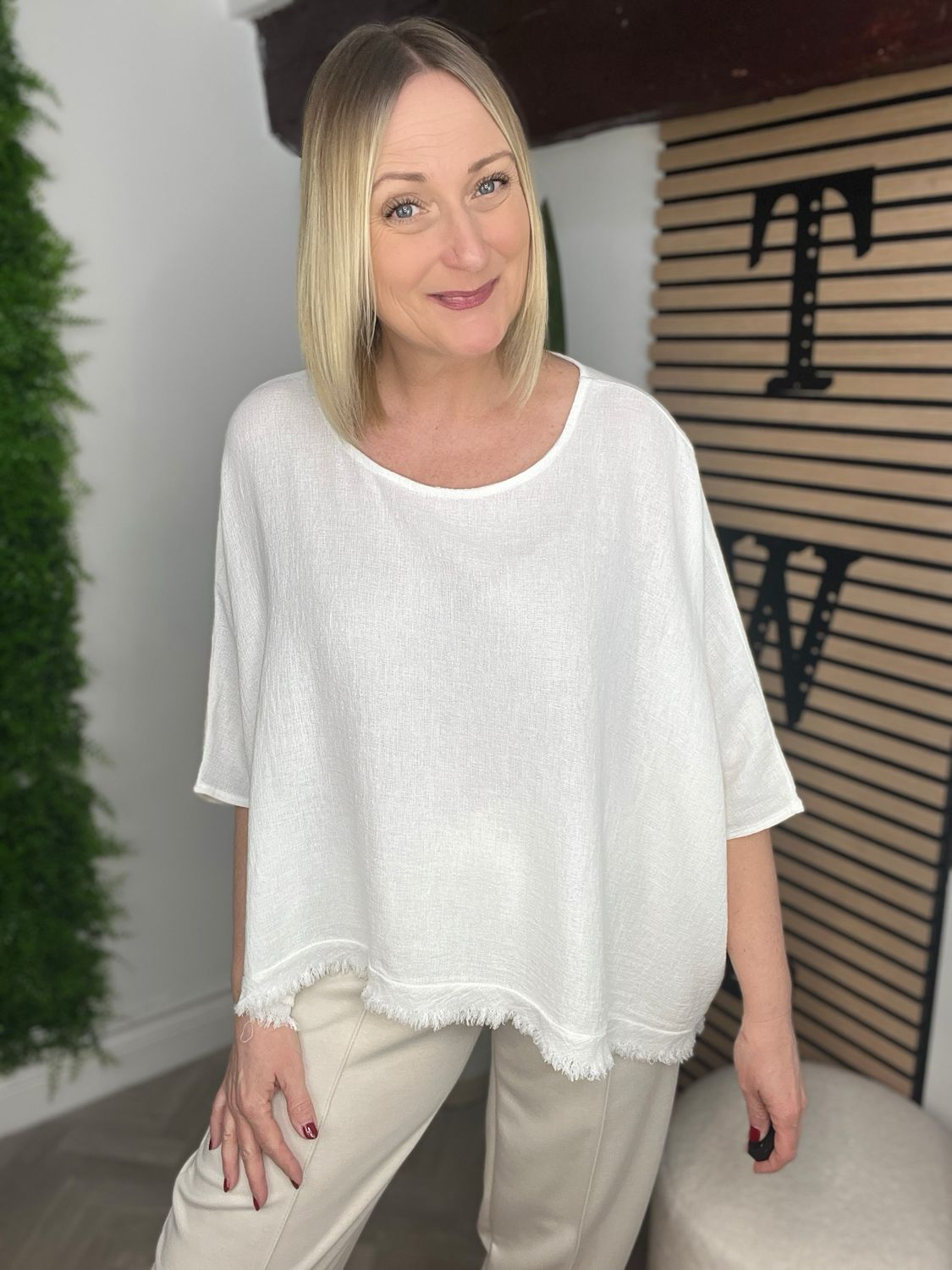 Linen Blend Side Dipped Hem Top - White Linen Blend Side Dipped Hem Top - White