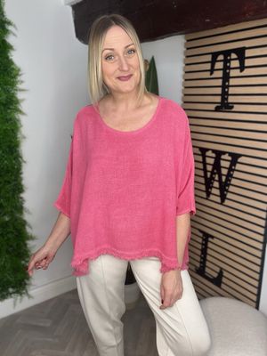 Linen Blend Side Dipped Hem Top - Coral Linen Blend Side Dipped Hem Top - Coral