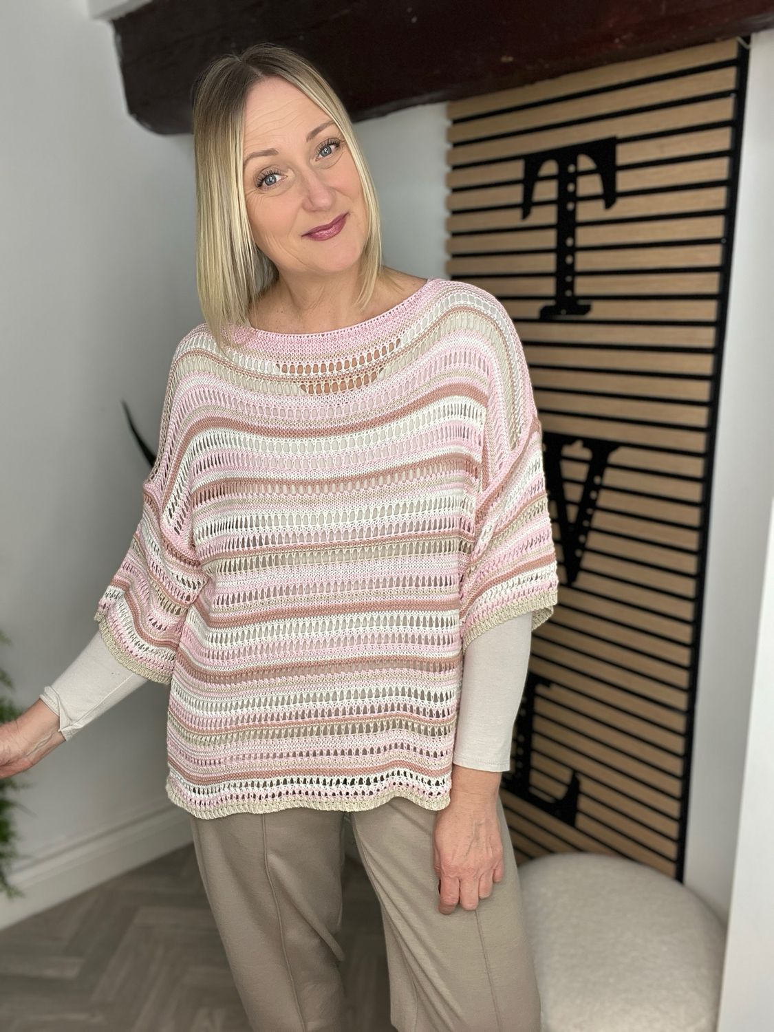 Loose Light Knit Short Sleeve Top - Pink Mix