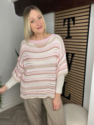 Loose Light Knit Short Sleeve Top - Pink Mix