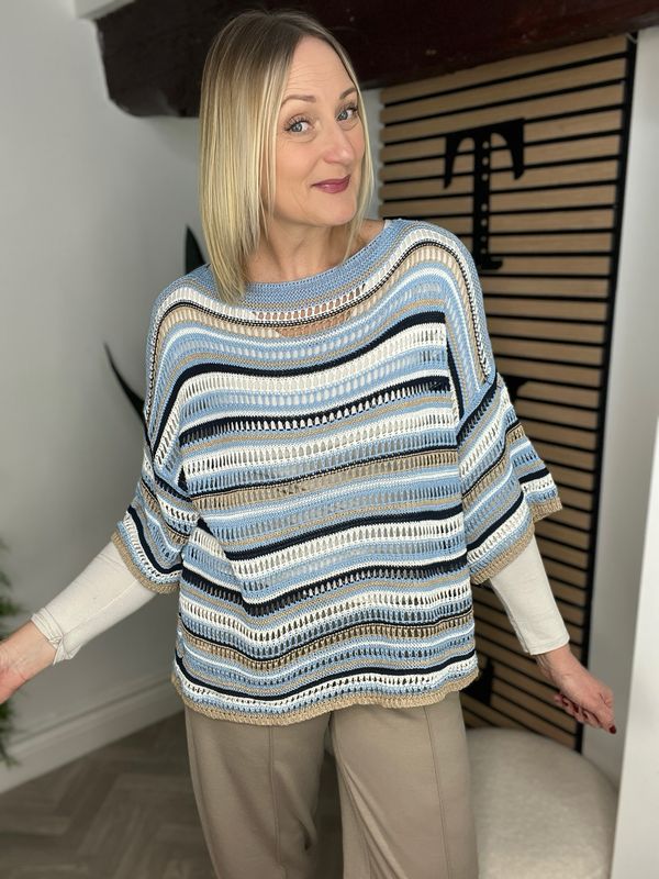 Loose Light Knit Short Sleeve Top - Light Blue Mix