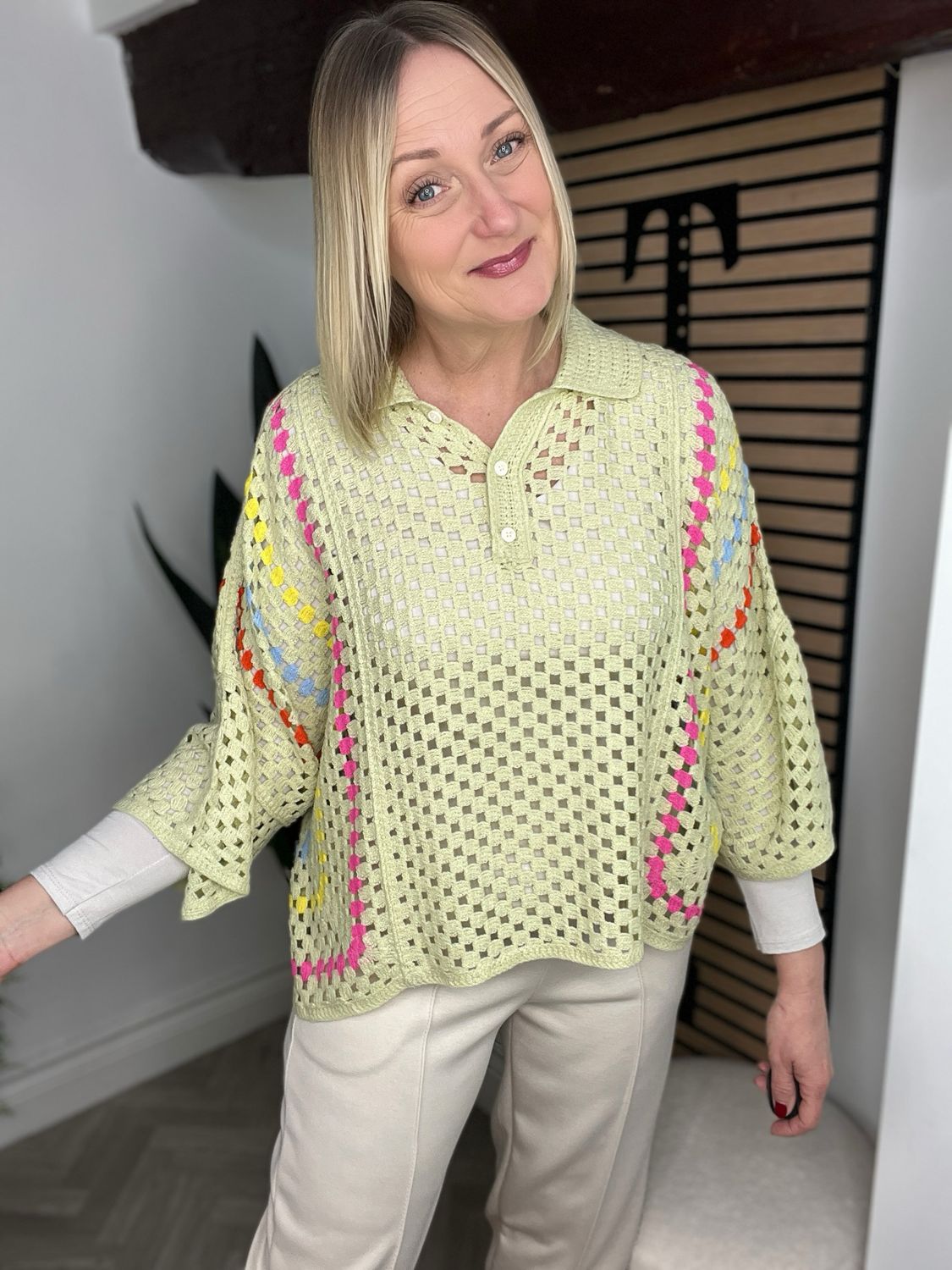 Crochet Button Neck Top - Light Sage