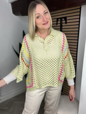 Crochet Button Neck Top - Light Sage