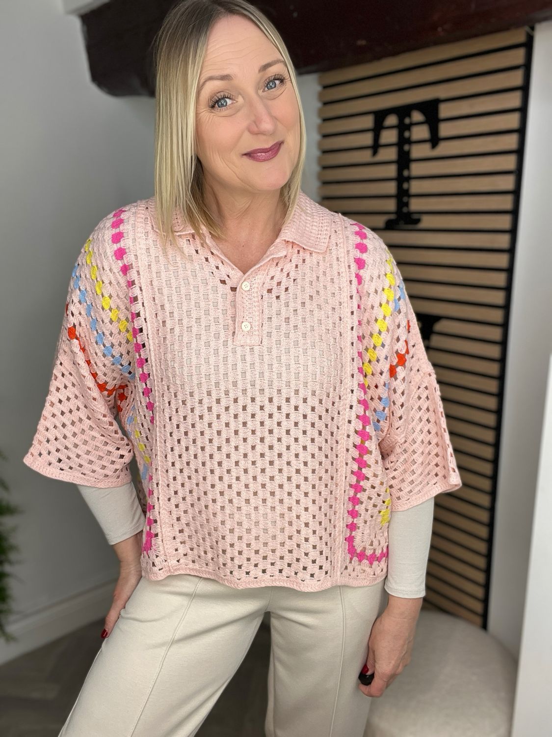 Crochet Button Neck Top - Blush Crochet Button Neck Top - Blush