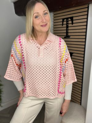 Crochet Button Neck Top - Blush