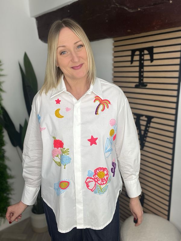 Summer Shirt - White Multi Embroidery