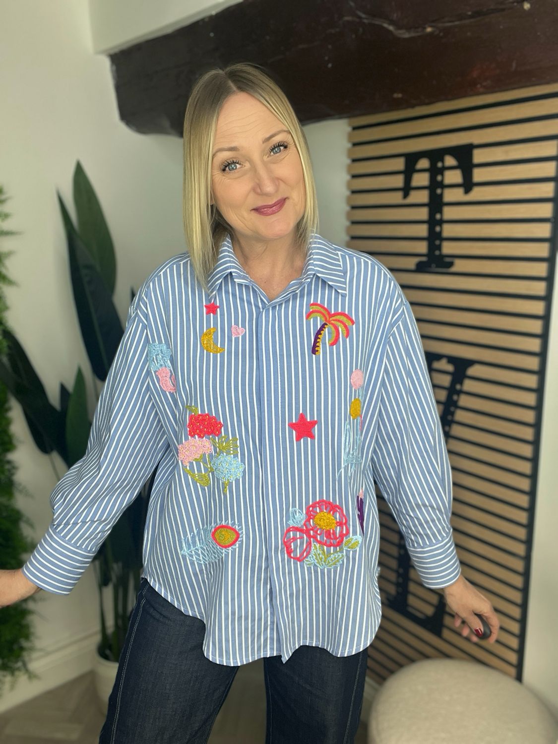 Summer Shirt - Stripe Blue Multi Embroidery