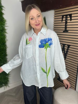 Stripe & Flower Shirt - White & Blue