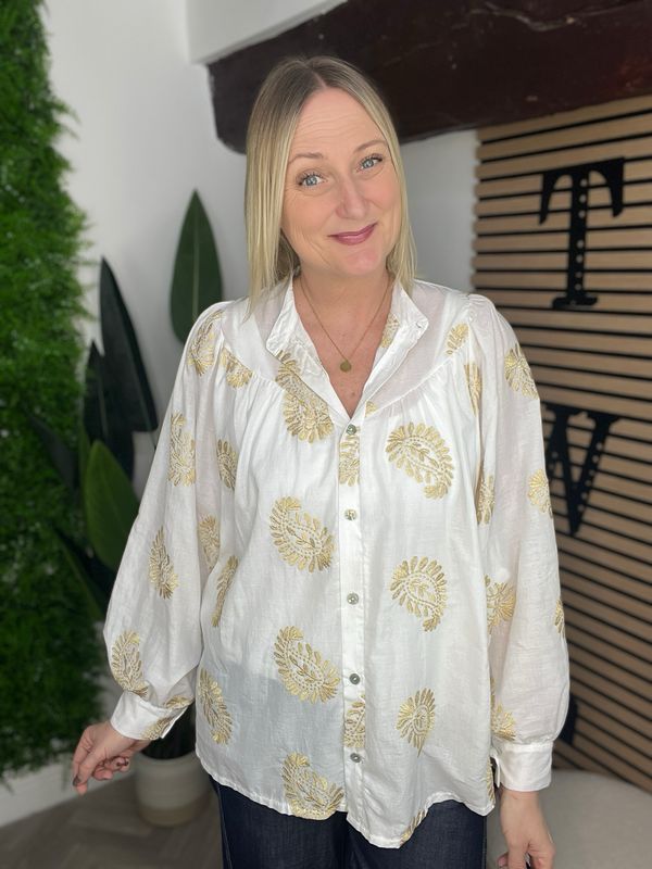 Blouse Shirt Gold Embroidery Detail - White