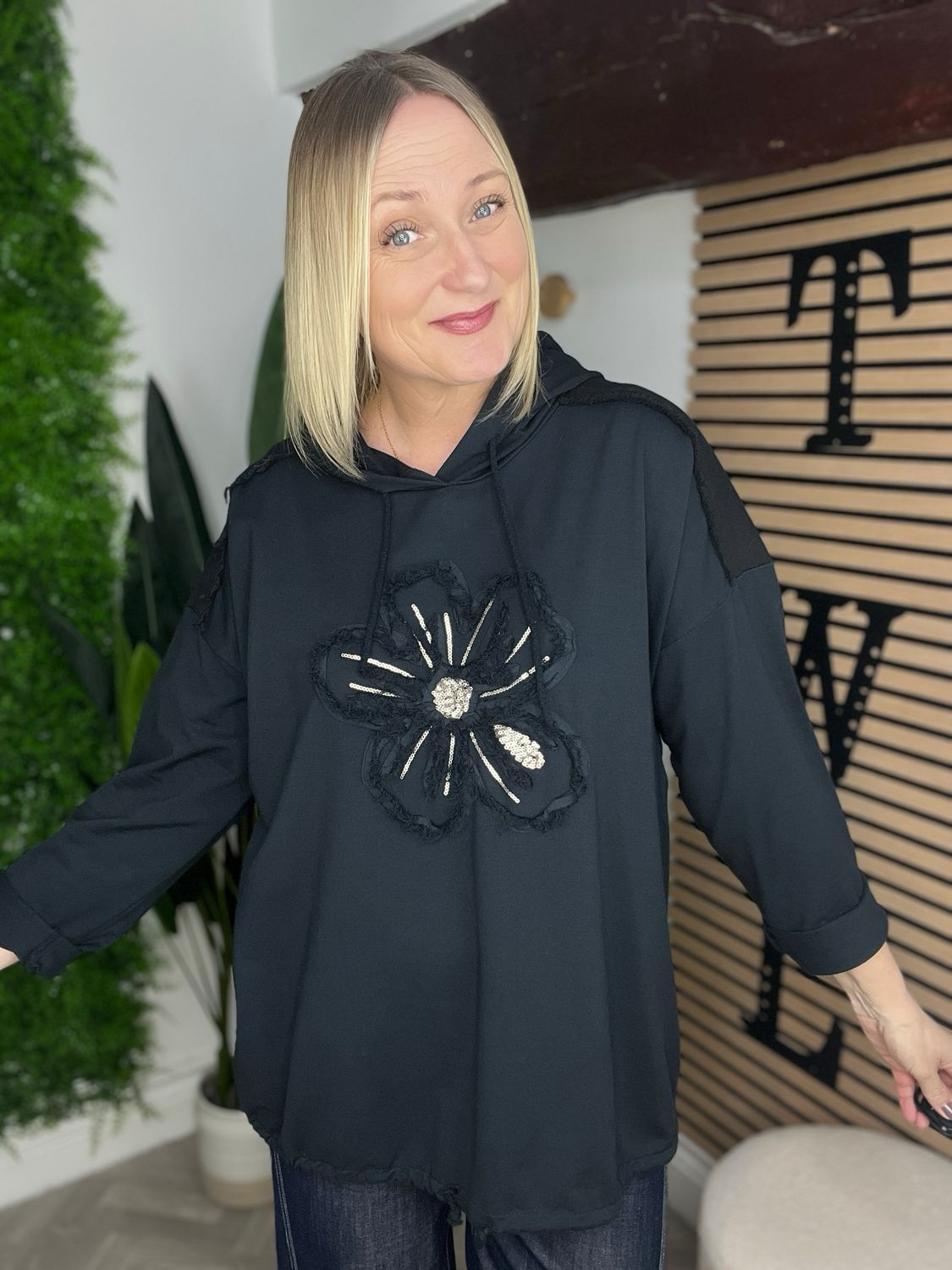 Flower Sweatshirt Hoodie - Black