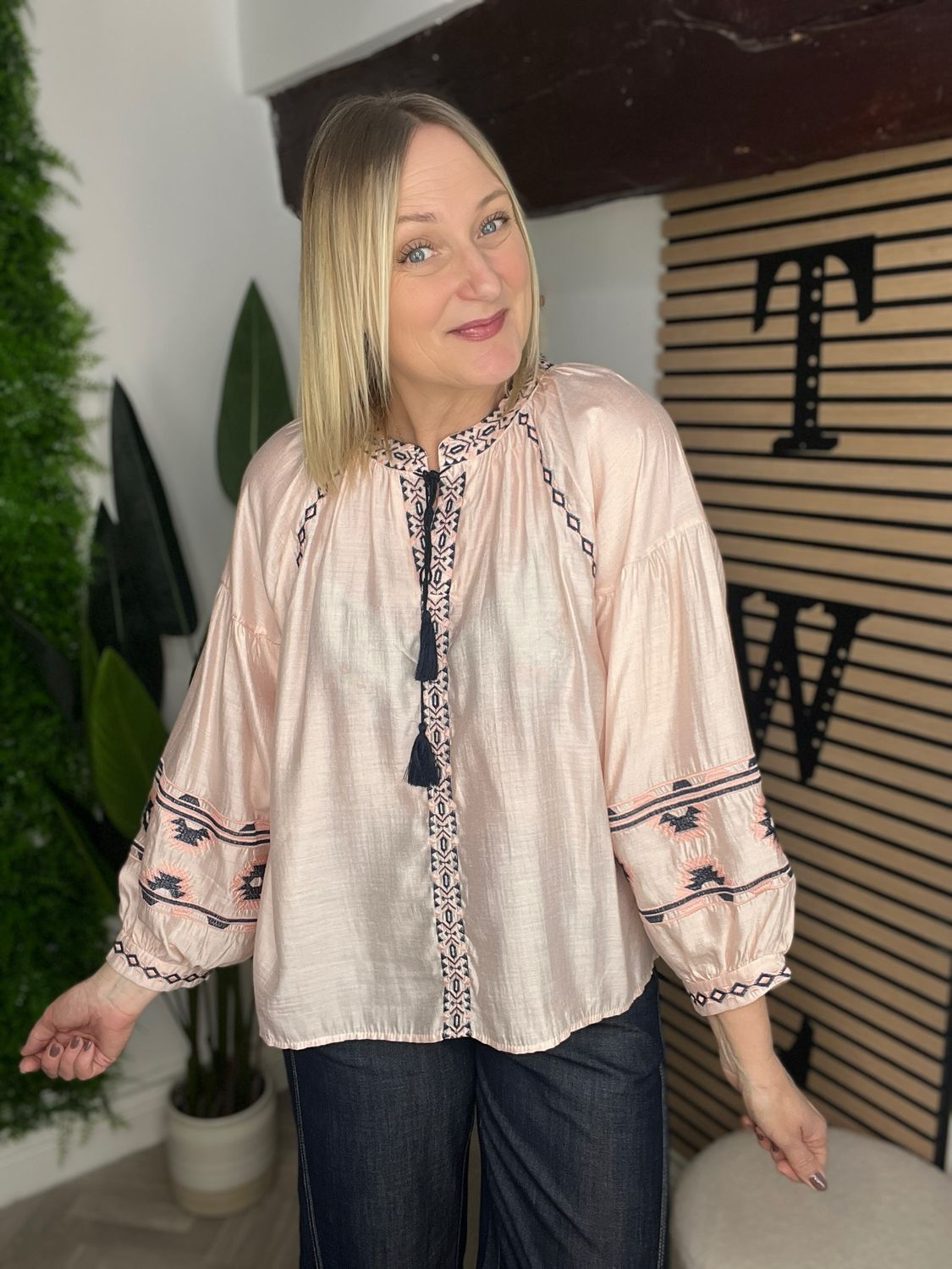 Embroidered Aztec Blouse - Blush Rose