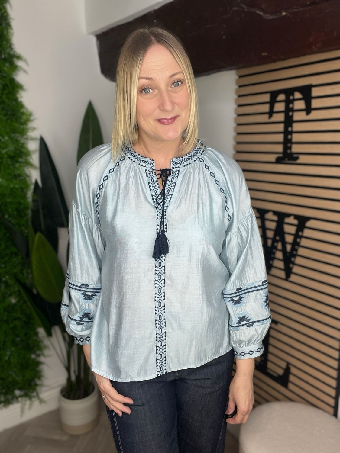 Embroidered Aztec Blouse - Powder Blue