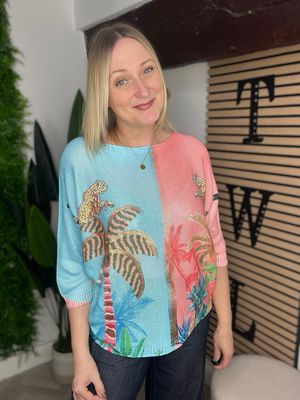 Tropical Knit Batwing- Blue & Coral