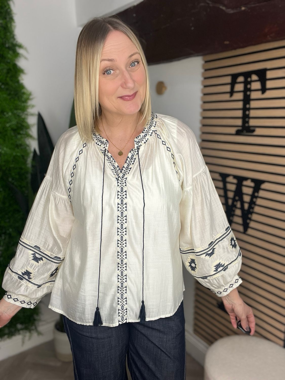 Embroidered Aztec Blouse - Ecru