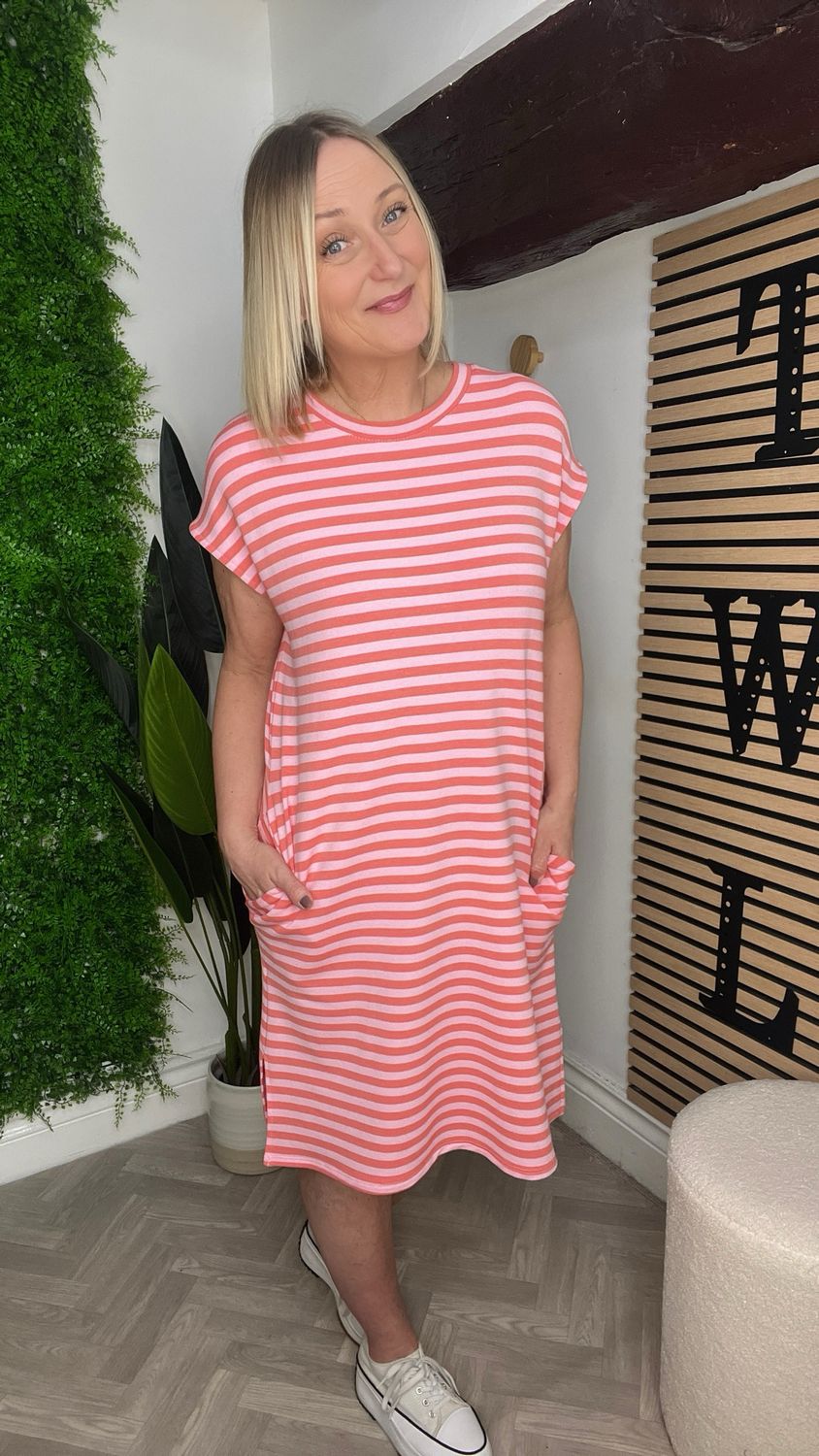 Modo Striped Sweatshirt Dress - Coral & Pink