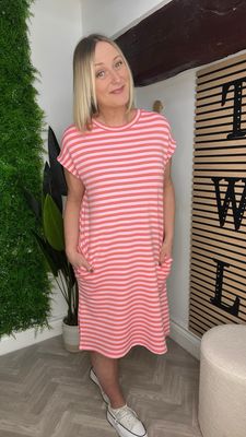 Modo Striped Sweatshirt Dress - Coral & Pink