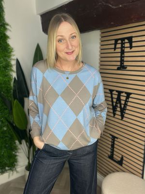 Harlequin & Hearts Sleeved Top - Blue & Taupe Mix