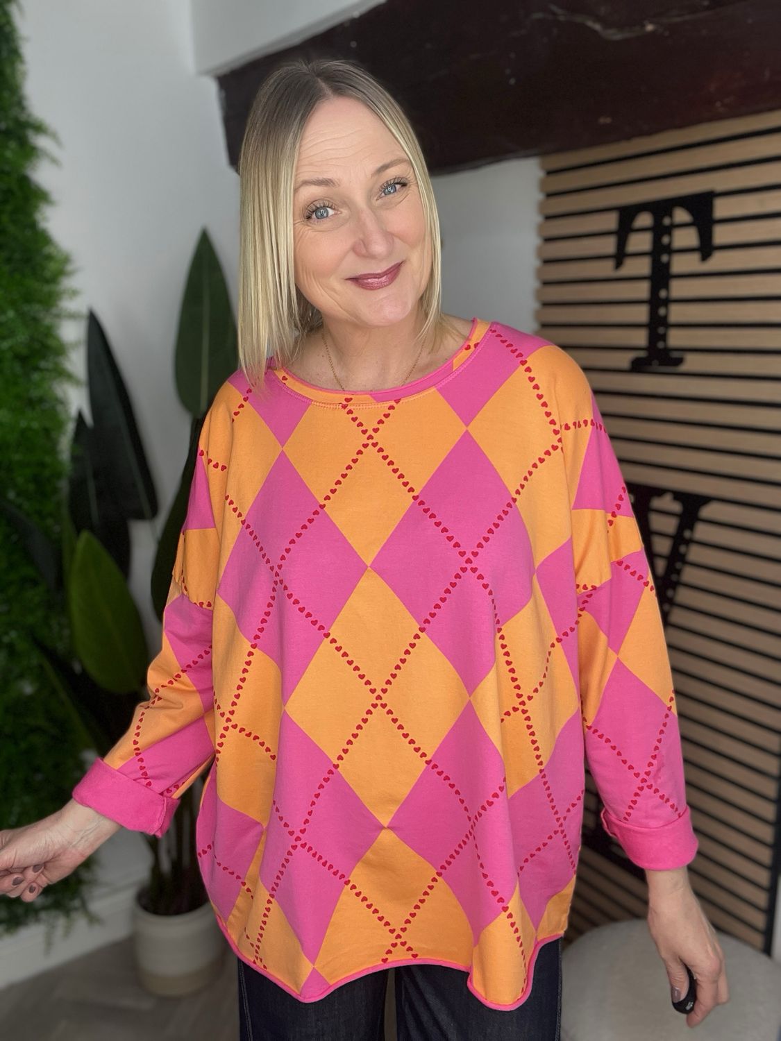 Harlequin & Hearts Sleeved Top - Pink & Orange Mix