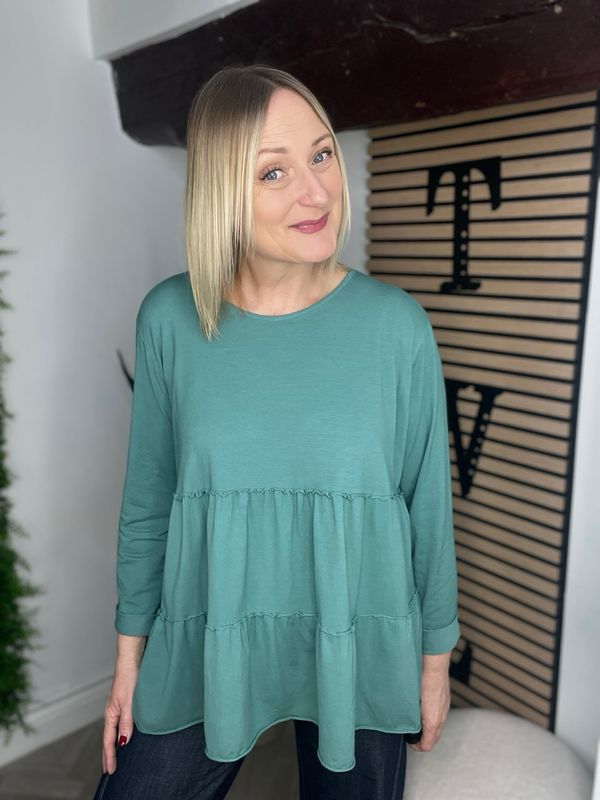 Smock Tiered Jersey Top - Dark Sage