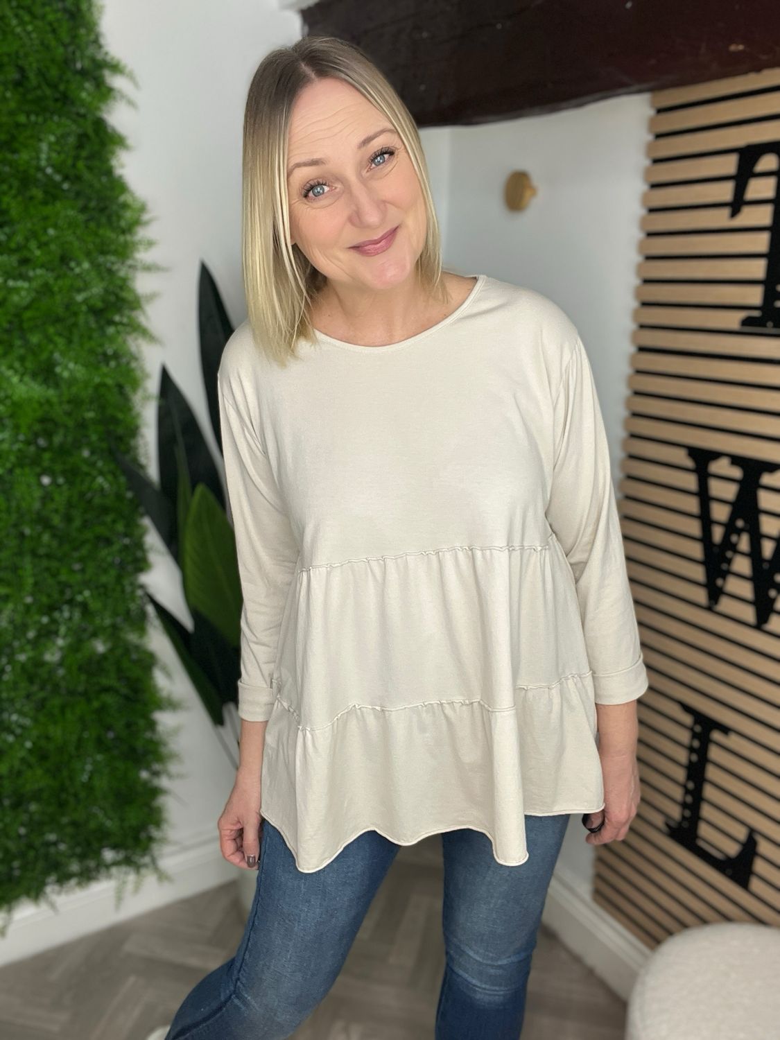 Smock Tiered Jersey Top - Stone