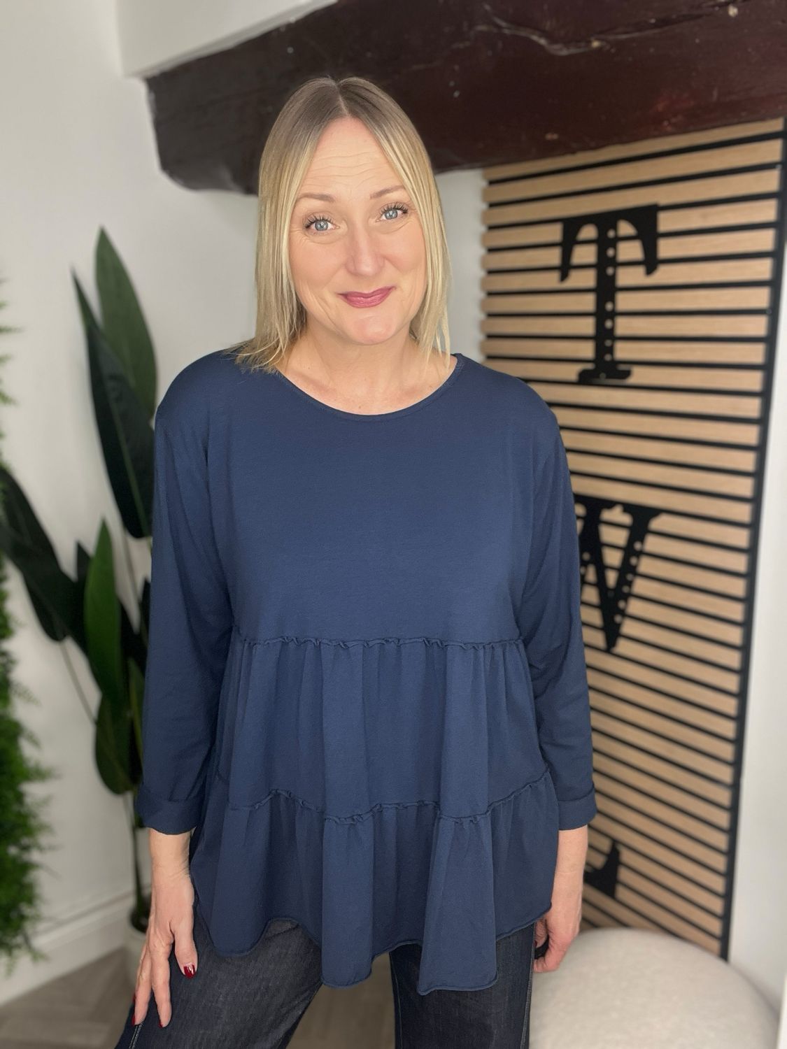 Smock Tiered Jersey Top - Navy