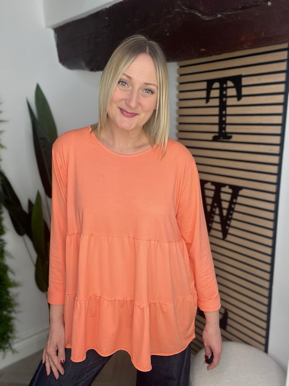 Smock Tiered Jersey Top - Peachy Orange