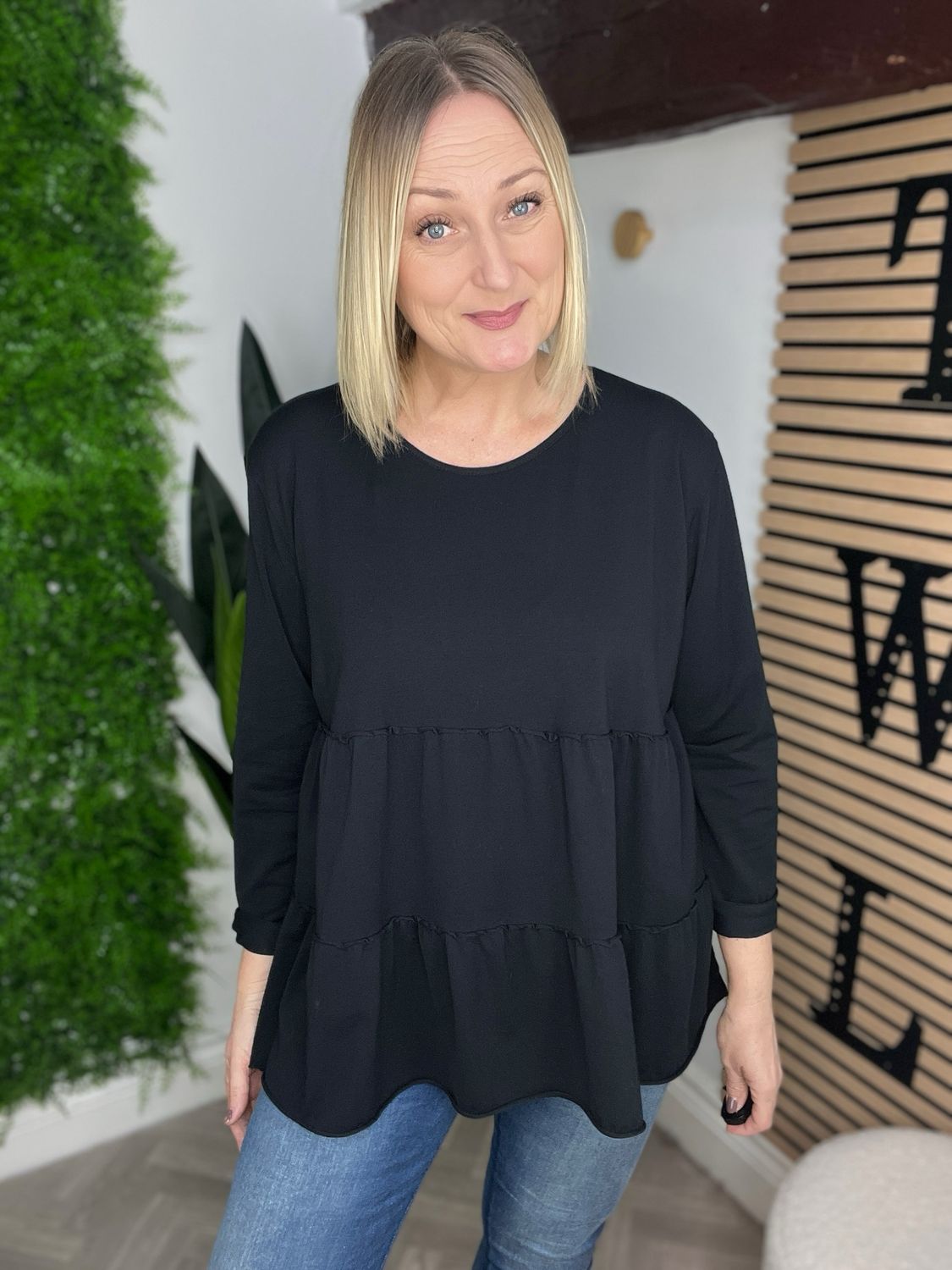 Smock Tiered Jersey Top - Black