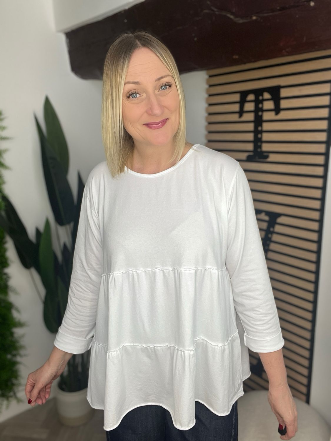 Smock Tiered Jersey Top - White