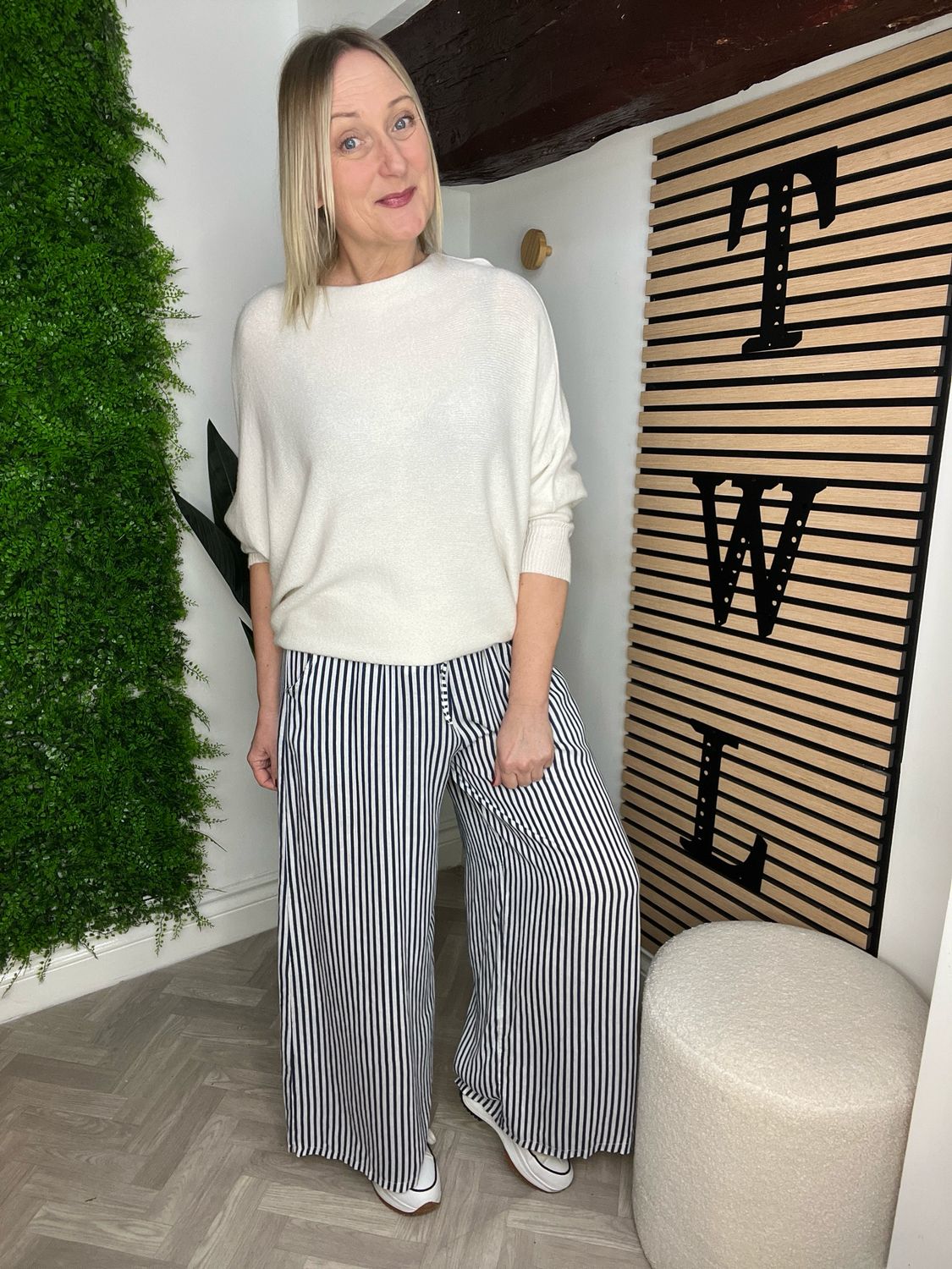 Striped Linen Wide Leg Trouser - Navy