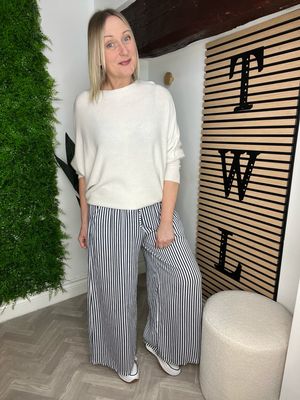 Striped Linen Wide Leg Trouser - Navy