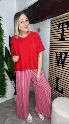 Striped Linen Wide Leg Trouser - Red & Pink