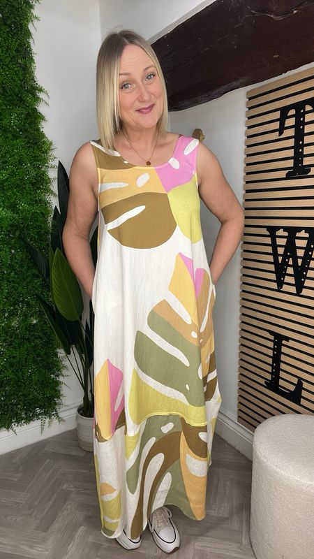 Palm Print Sleeveless Dress - Ecru & Pastel Mix
