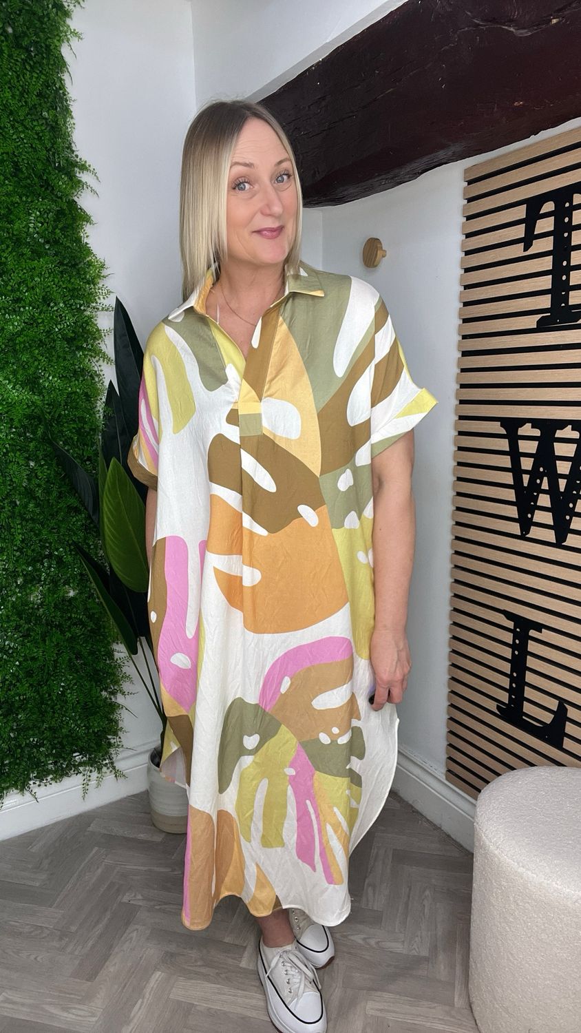 Palm Print Capped Sleeve Dress - Ecru & Pastel Mix