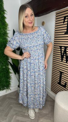 Ditzy Shirred Stitch Dress - Blue Mix