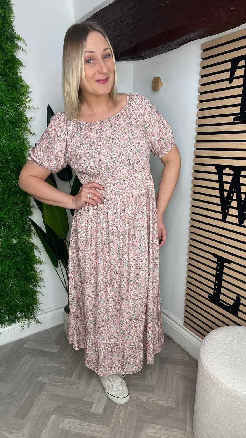 Ditzy Shirred Stitch Dress - Pink Mix