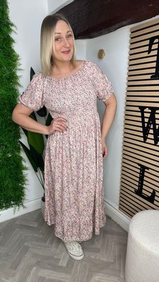 Ditzy Shirred Stitch Dress - Pink Mix