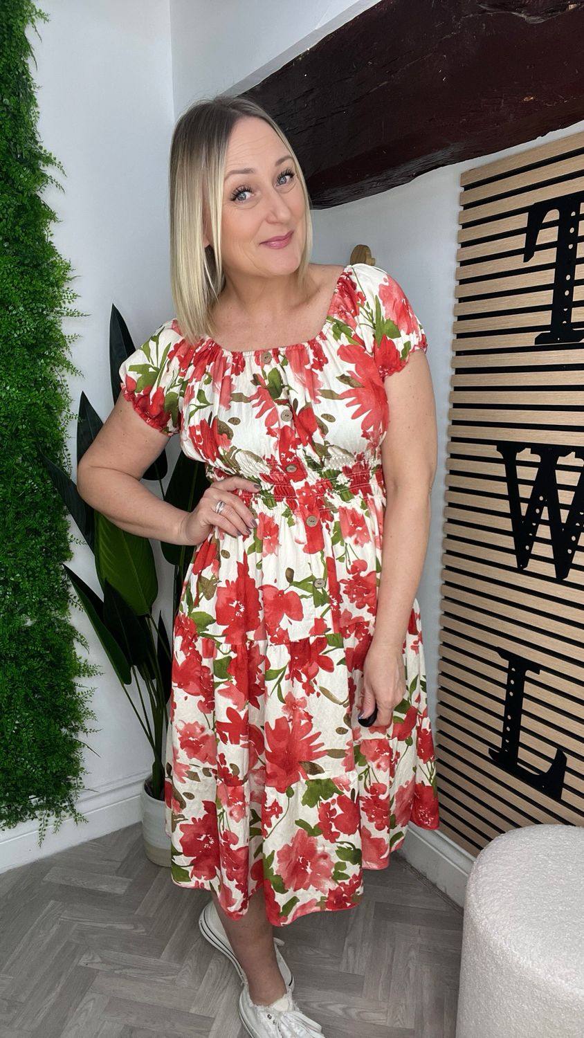 Bardot Midi Dress - Red Mix