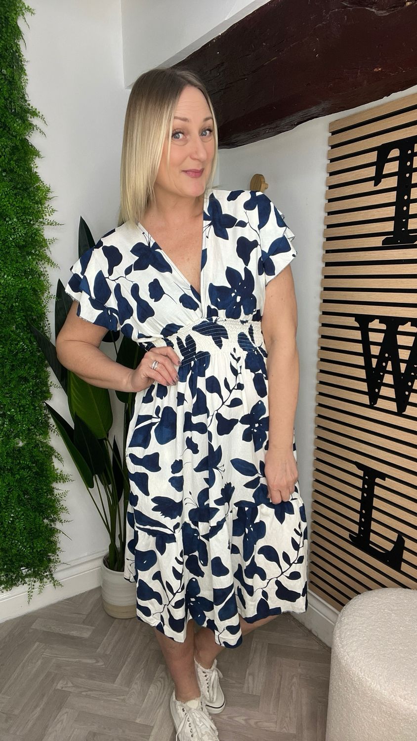 Flutter Sleeve Midi Dress - Blue/Ecru