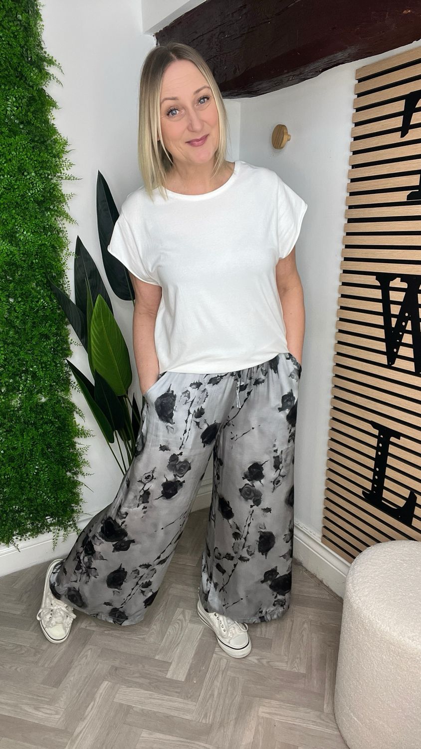 Abstract Floral Silk Blend Trousers - Grey Mix