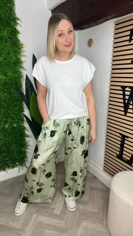 Abstract Floral Silk Blend Trousers - Green Mix
