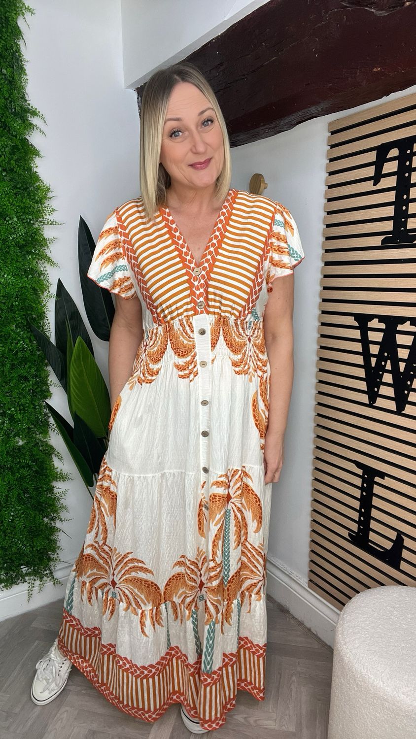 Flutter Sleeve Dress Full Length - Orange Mix