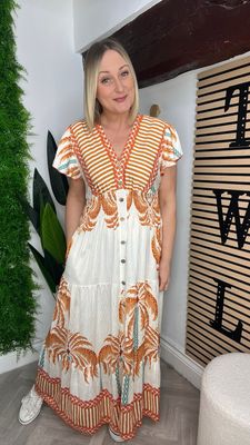 Flutter Sleeve Dress Full Length - Orange Mix